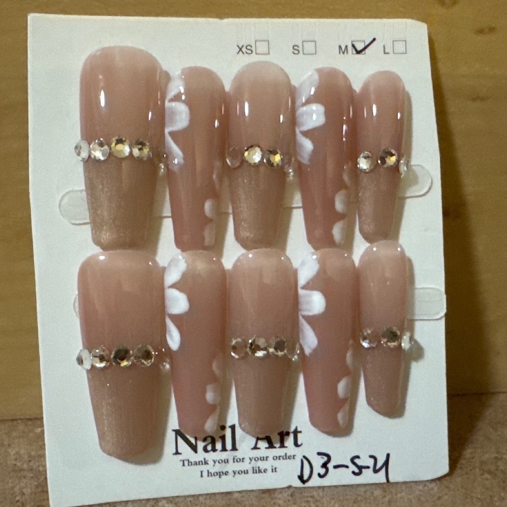 Pink Floral Rhinestone Press On Nails Long Coffin False Nails Size Medium D3-S4